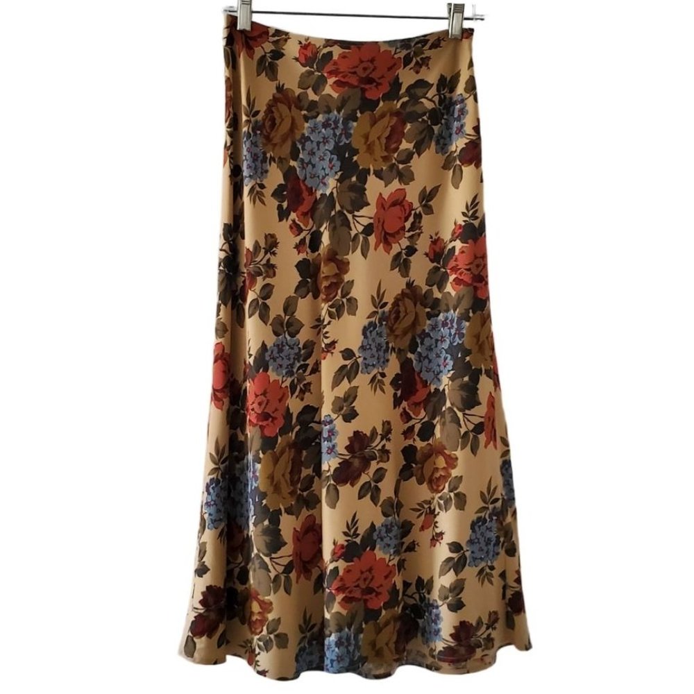 Petite Sophisticate Floral Maxi Skirt | Like New | 2P | Tan Red Gold Smokey Blue